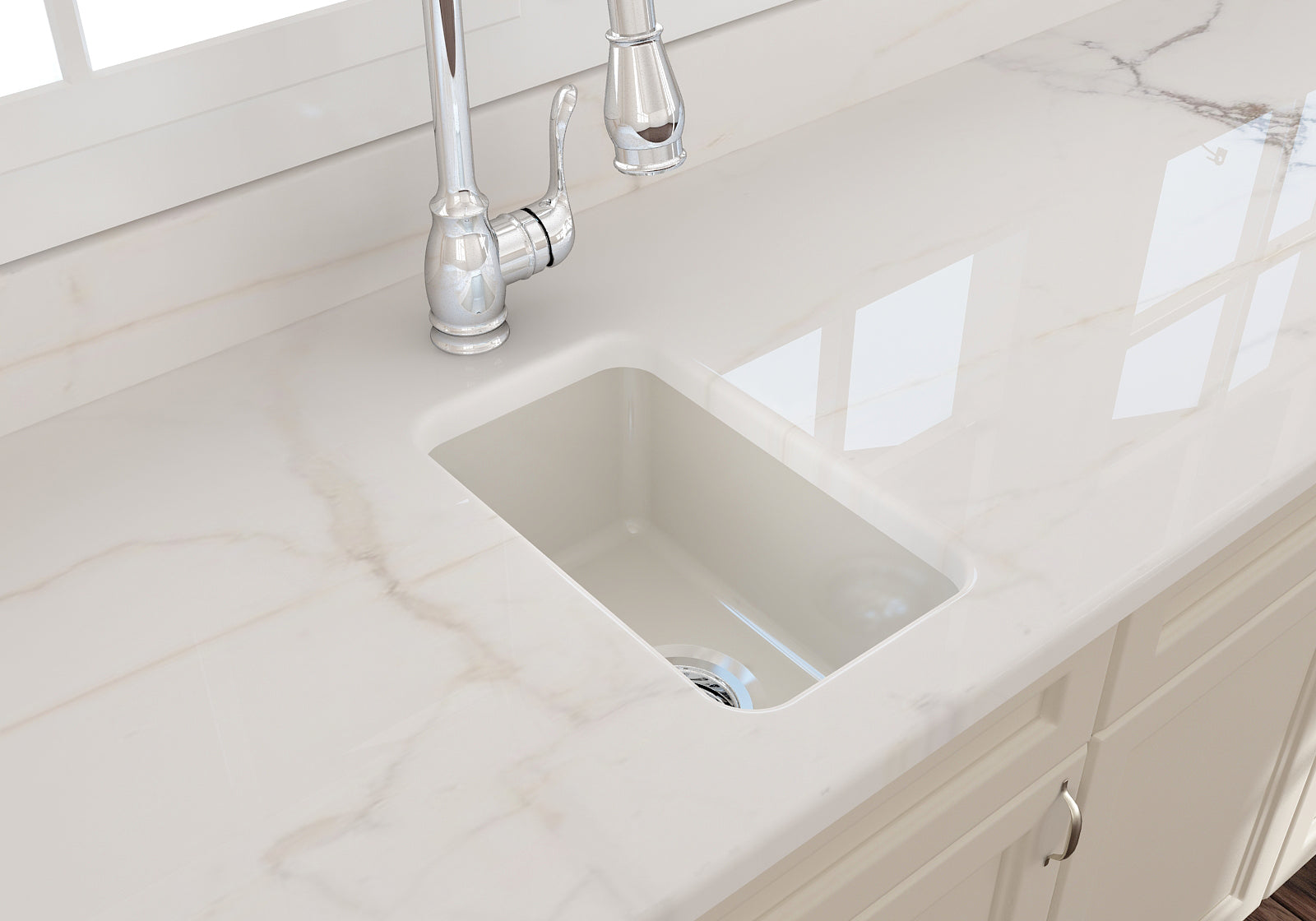 BOCCHI Sotto 12" Fireclay Undermount Single Bowl Bar Sink with Strainer, Biscuit, 1358-014-0120