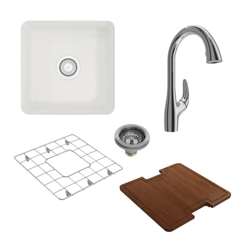 BOCCHI Sotto 18" Fireclay Bar/Prep Sink Kit with Faucet and Accessories, White (sink) / Chrome (faucet), 1359-001-2024CH
