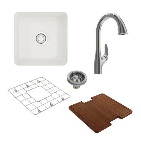BOCCHI Sotto 18" Fireclay Bar/Prep Sink Kit with Faucet and Accessories, White (sink) / Stainless Steel (faucet), 1359-001-2024SS