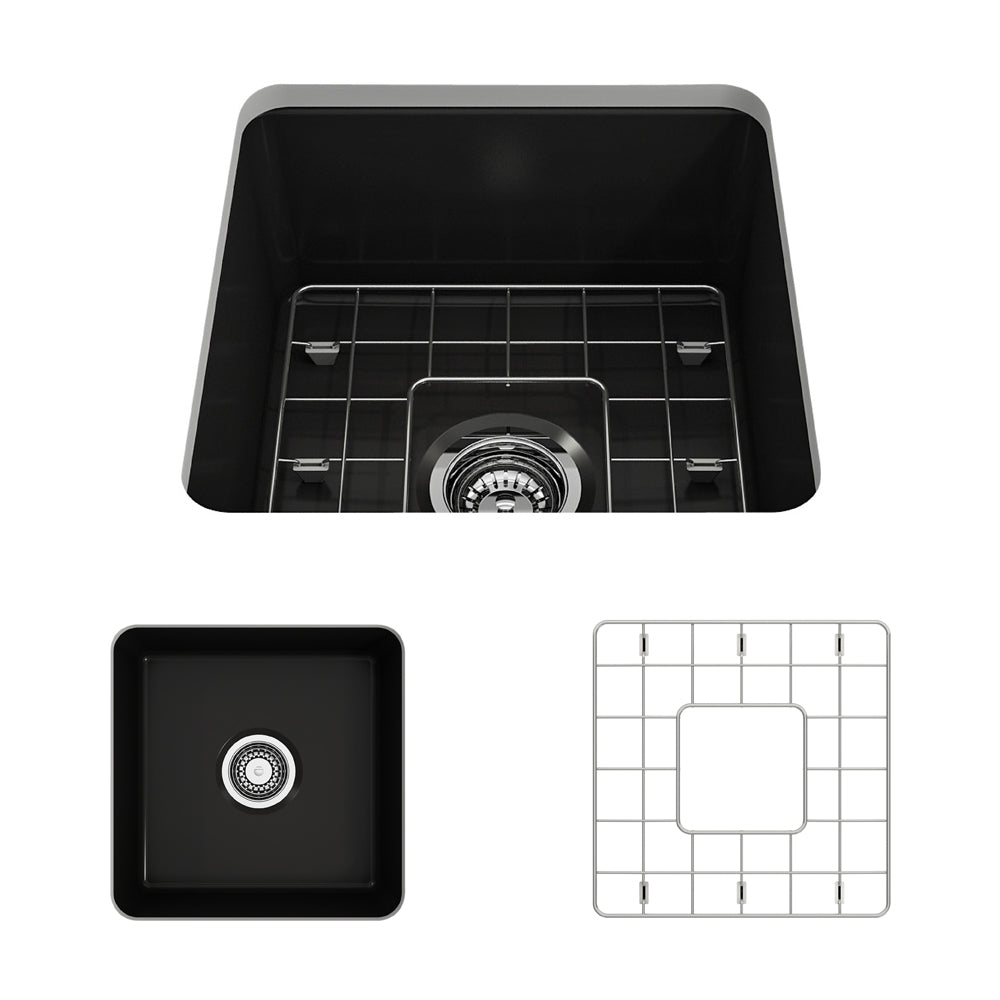 BOCCHI Sotto 18" Fireclay Undermount Single Bowl Bar Sink with Protective Bottom Grid and Strainer, Matte Black, 1359-004-0120