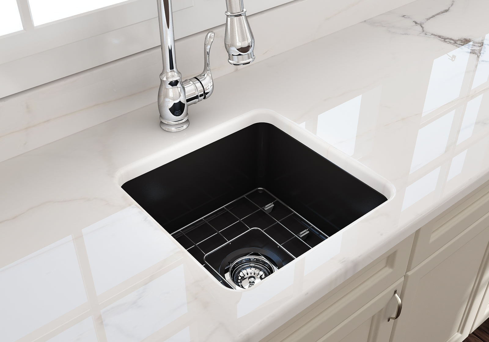 BOCCHI Sotto 18" Fireclay Undermount Single Bowl Bar Sink with Protective Bottom Grid and Strainer, Matte Black, 1359-004-0120