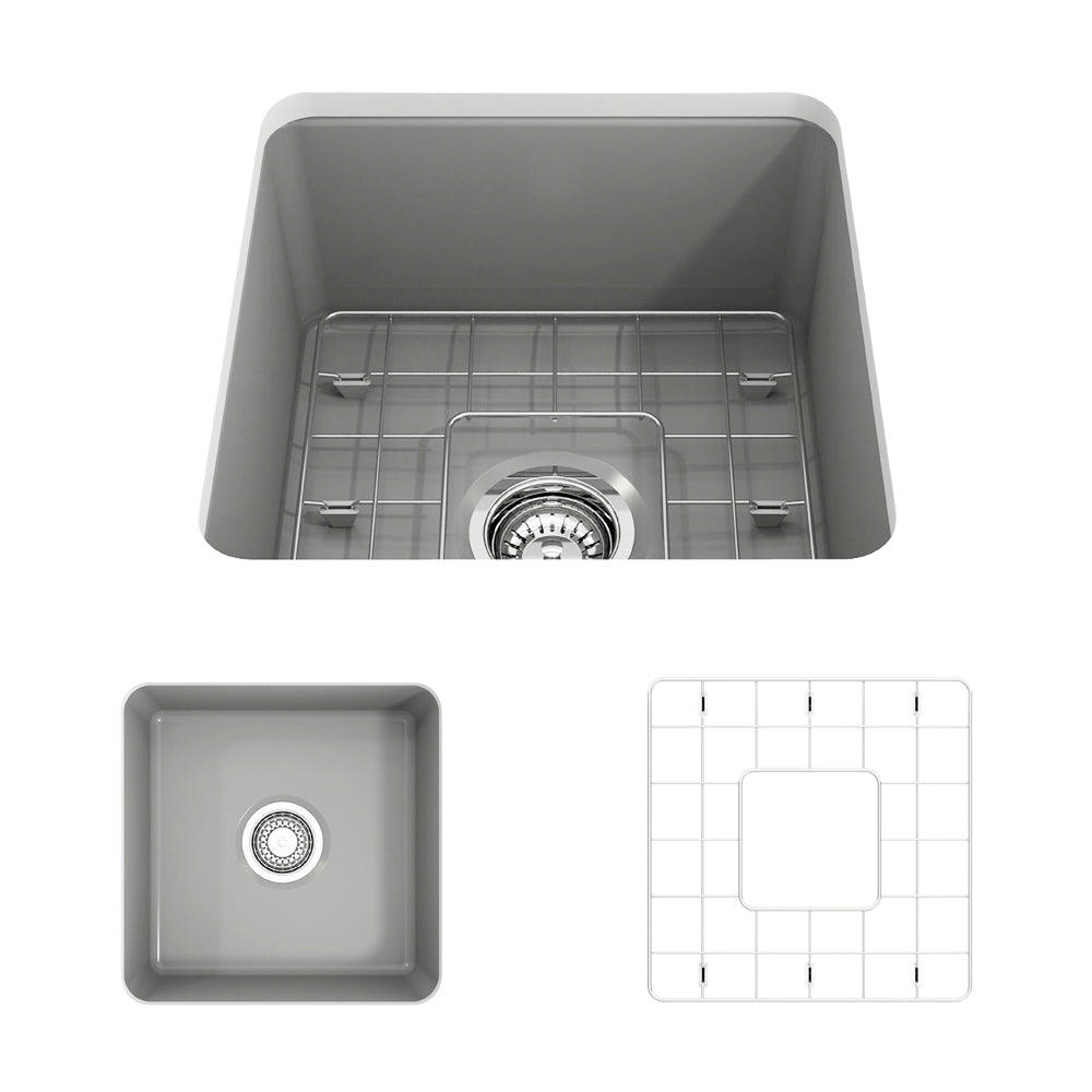 BOCCHI Sotto 18" Fireclay Undermount Single Bowl Bar Sink with Protective Bottom Grid and Strainer, Matte Gray, 1359-006-0120