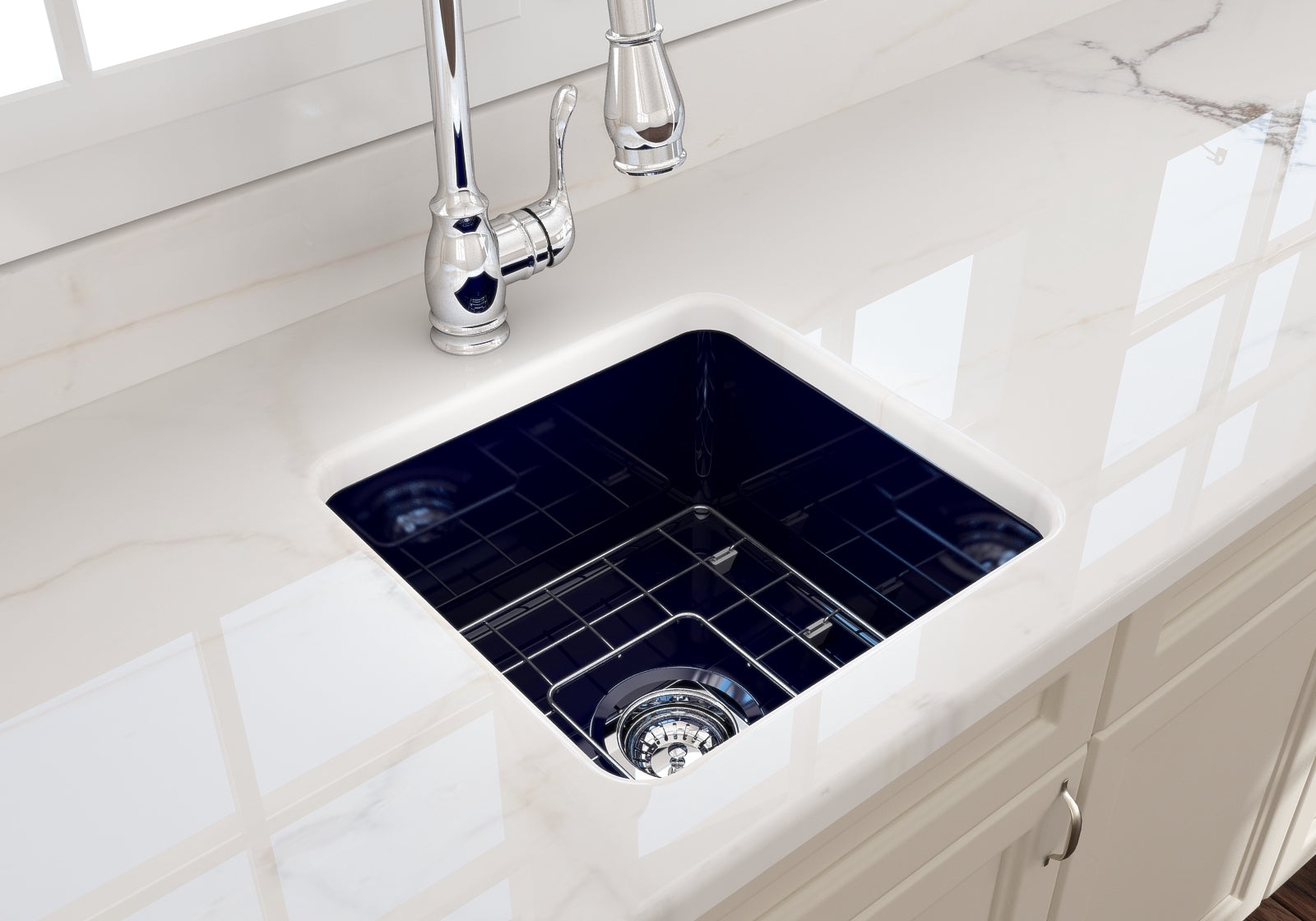BOCCHI Sotto 18" Fireclay Undermount Single Bowl Bar Sink with Protective Bottom Grid and Strainer, Sapphire Blue, 1359-010-0120