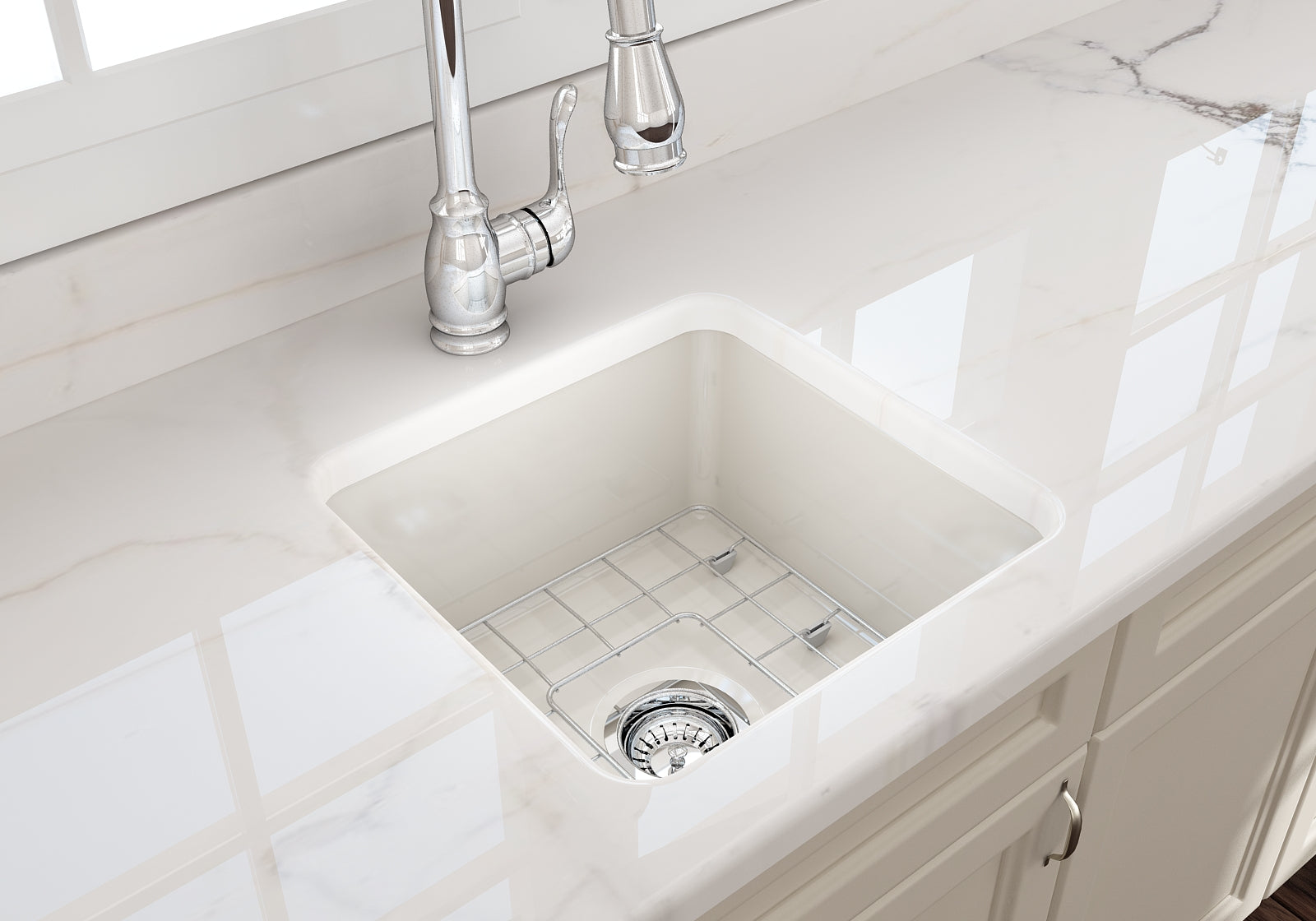 BOCCHI Sotto 18" Fireclay Undermount Single Bowl Bar Sink with Protective Bottom Grid and Strainer, Biscuit, 1359-014-0120