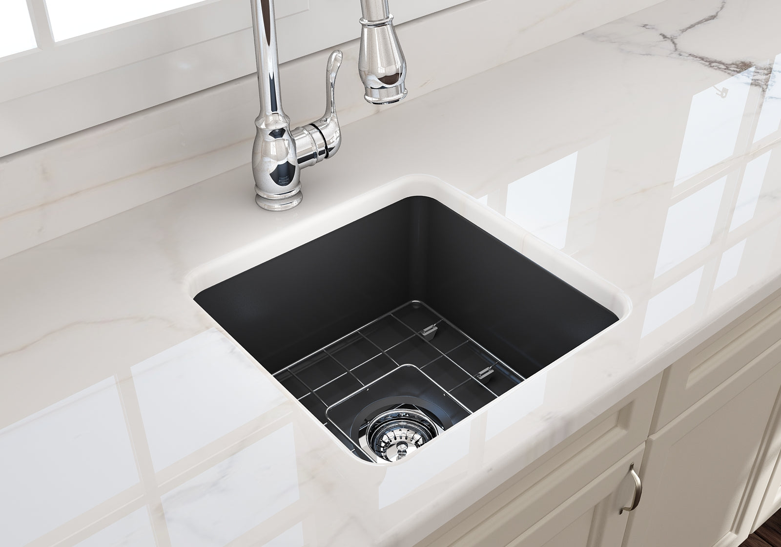 BOCCHI Sotto 18" Fireclay Undermount Single Bowl Bar Sink with Protective Bottom Grid and Strainer, Matte Dark Gray, 1359-020-0120
