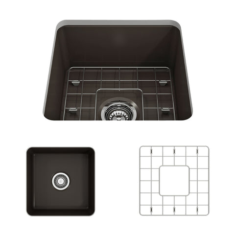 BOCCHI Sotto 18" Fireclay Undermount Single Bowl Bar Sink with Protective Bottom Grid and Strainer, Matte Brown, 1359-025-0120