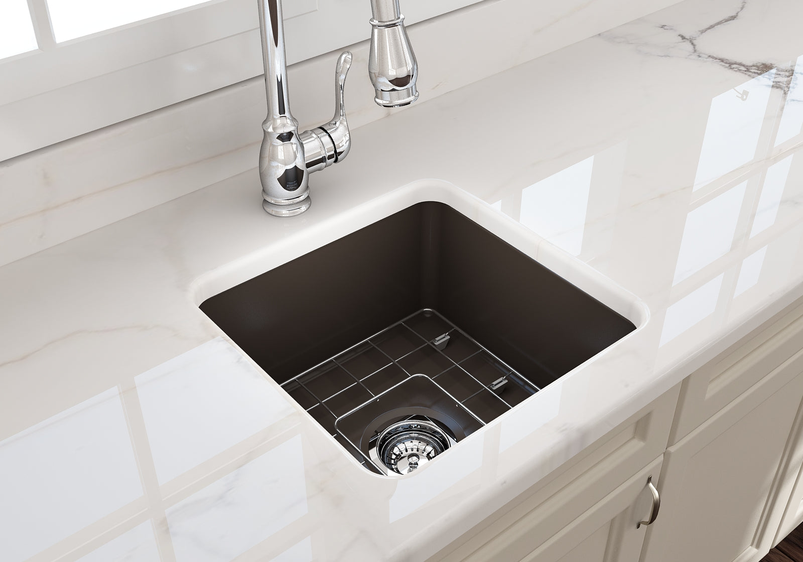 BOCCHI Sotto 18" Fireclay Undermount Single Bowl Bar Sink with Protective Bottom Grid and Strainer, Matte Brown, 1359-025-0120