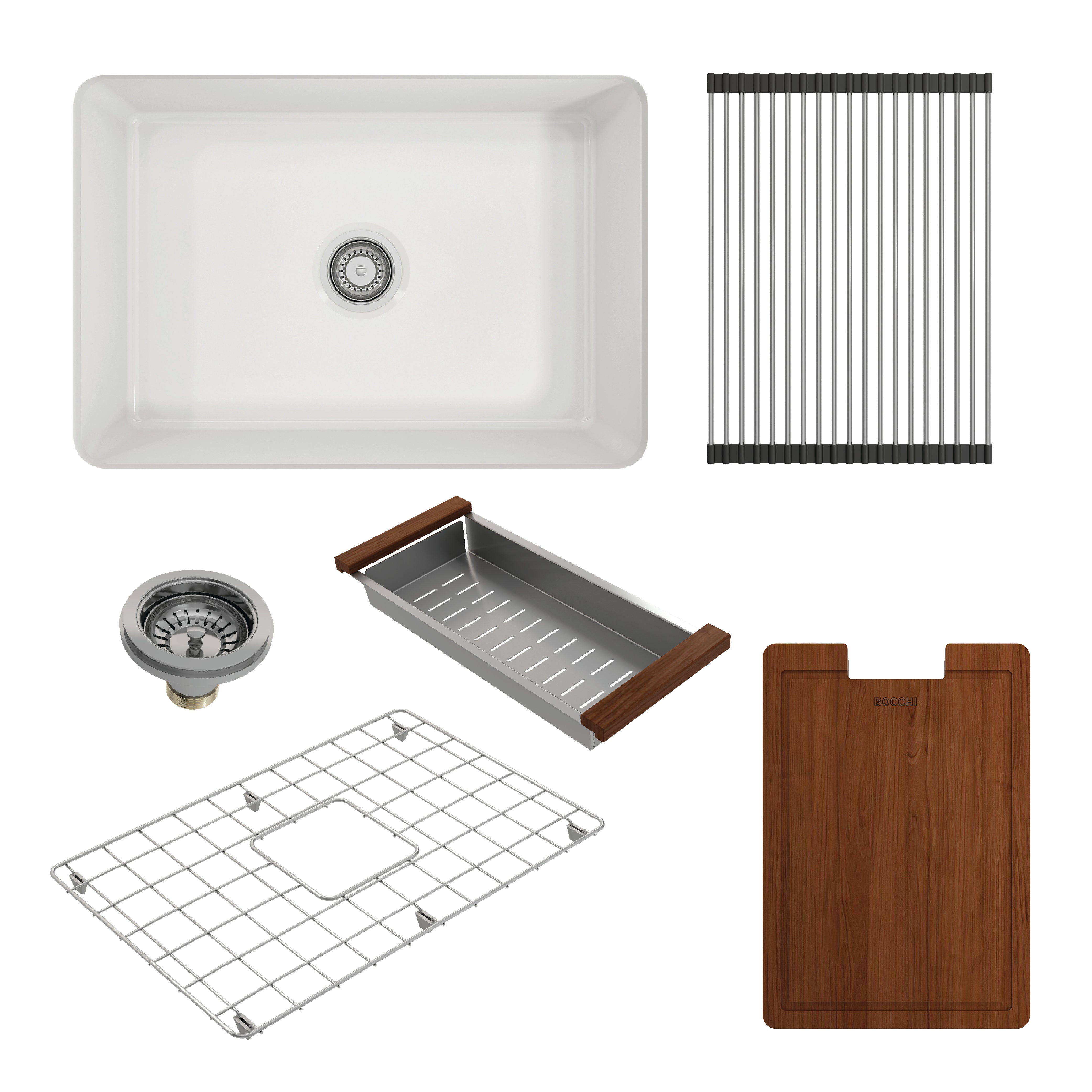 BOCCHI Sotto 27" Fireclay Dual Mount Single Bowl Kitchen Sink Kit with Accessories, White, 1360-001-KIT1