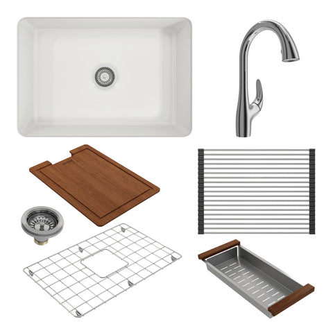 BOCCHI Sotto 27" White Fireclay Dual Mount Single Bowl Kitchen Sink Kit with Chrome Faucet and Accessories, 1360-001-2024CH