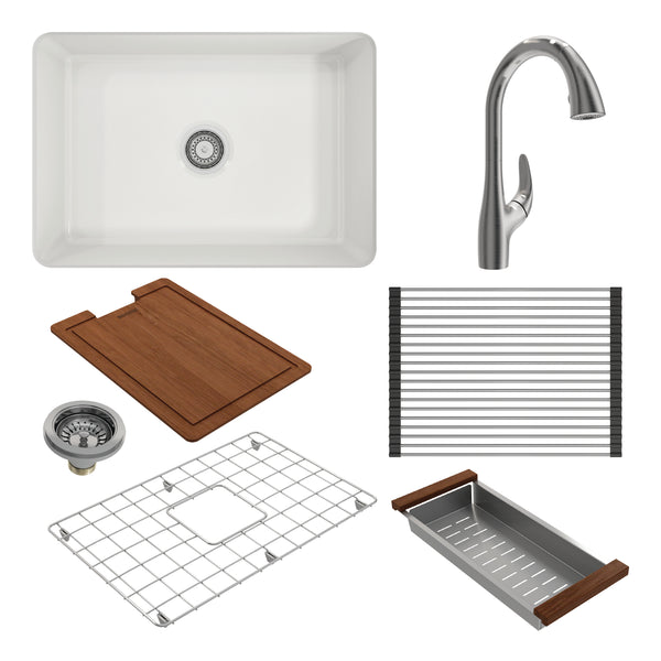 BOCCHI Sotto 27" White Fireclay Dual Mount Single Bowl Kitchen Sink Kit with Stainless Steel Faucet and Accessories, 1360-001-2024SS