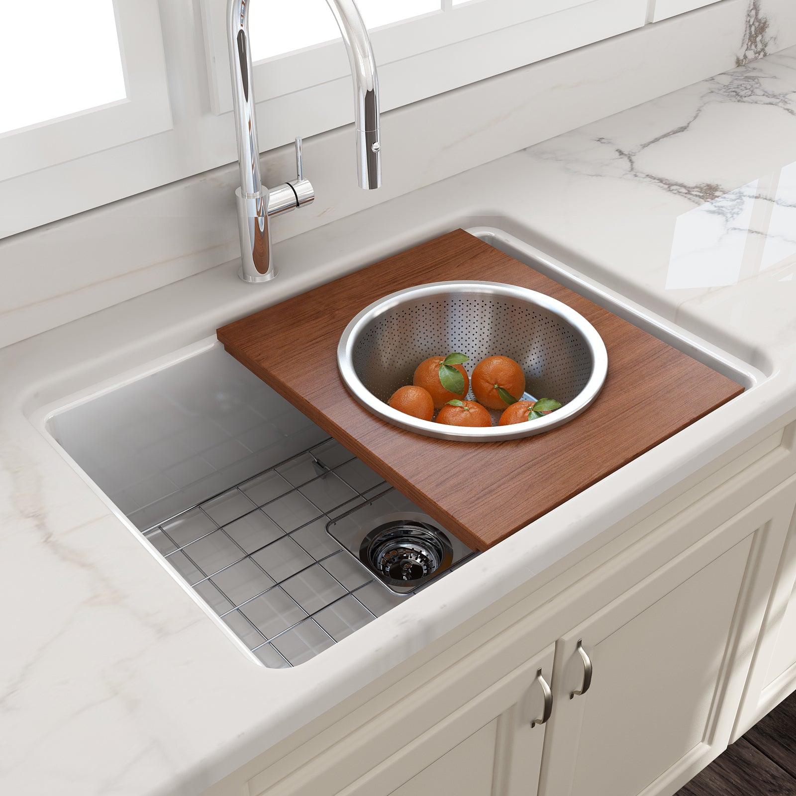 BOCCHI Wood Board with Large Round Stainless Steel Mixing Bowl and Colander