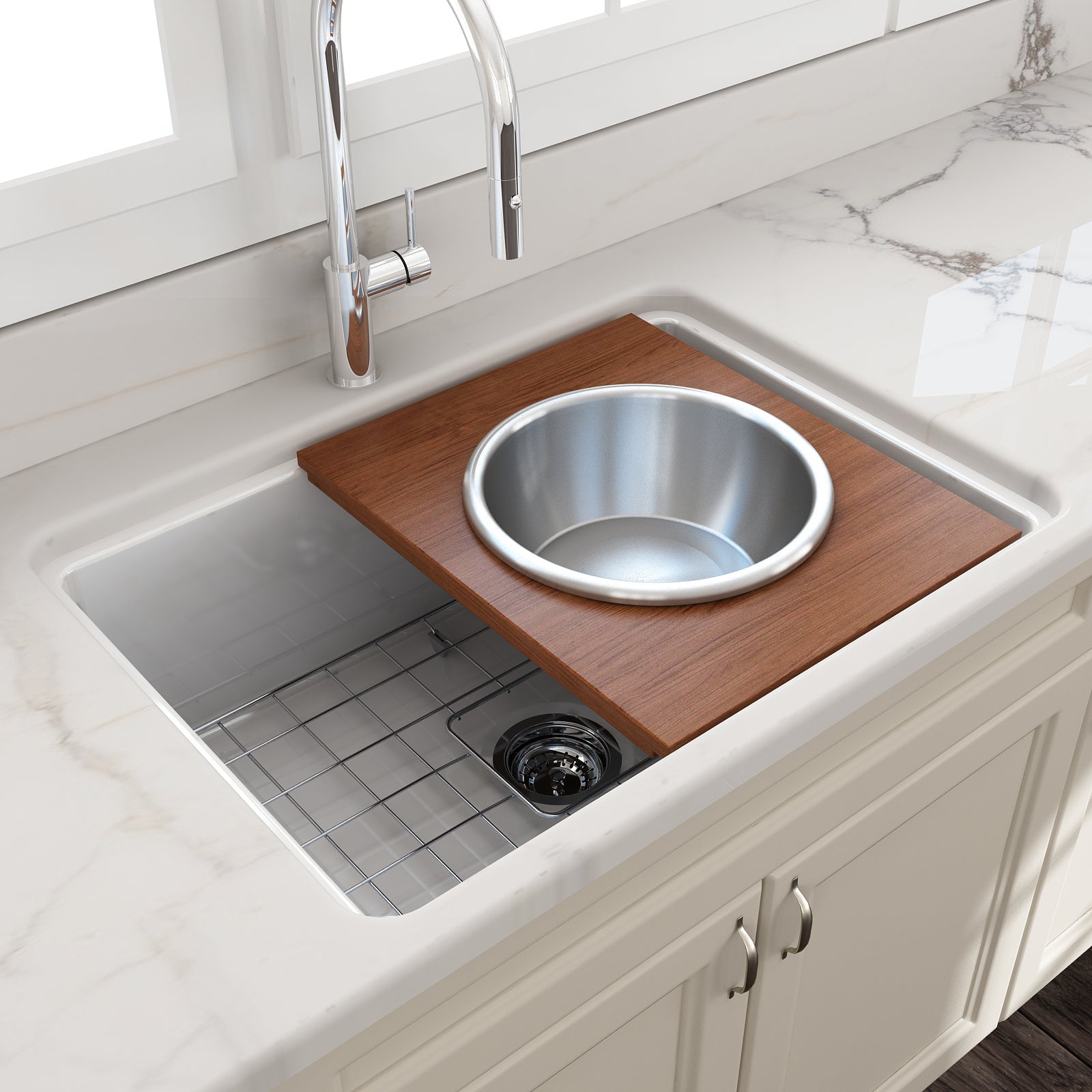 BOCCHI Wood Board with Large Round Stainless Steel Mixing Bowl and Colander