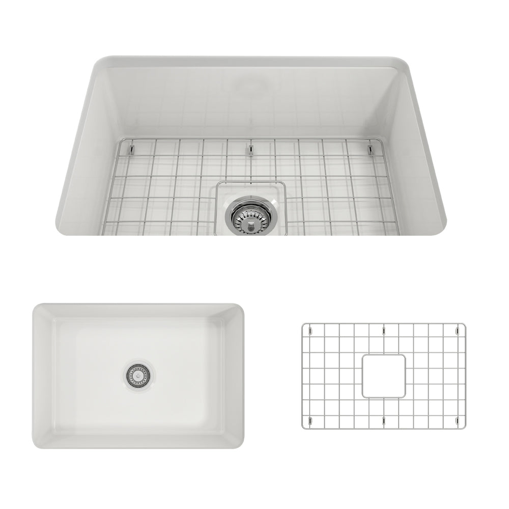 BOCCHI Sotto 27" Fireclay Dual Mount Single Bowl Kitchen Sink, White, 1360-001-0120