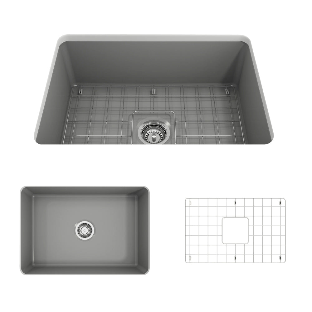 BOCCHI Sotto 27" Fireclay Dual Mount Single Bowl Kitchen Sink, Matte Gray, 1360-006-0120