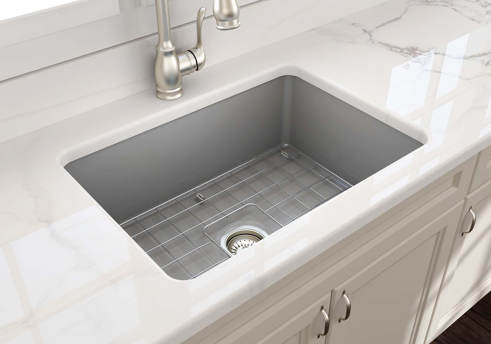 BOCCHI Sotto 27" Fireclay Dual Mount Single Bowl Kitchen Sink, Matte Gray, 1360-006-0120