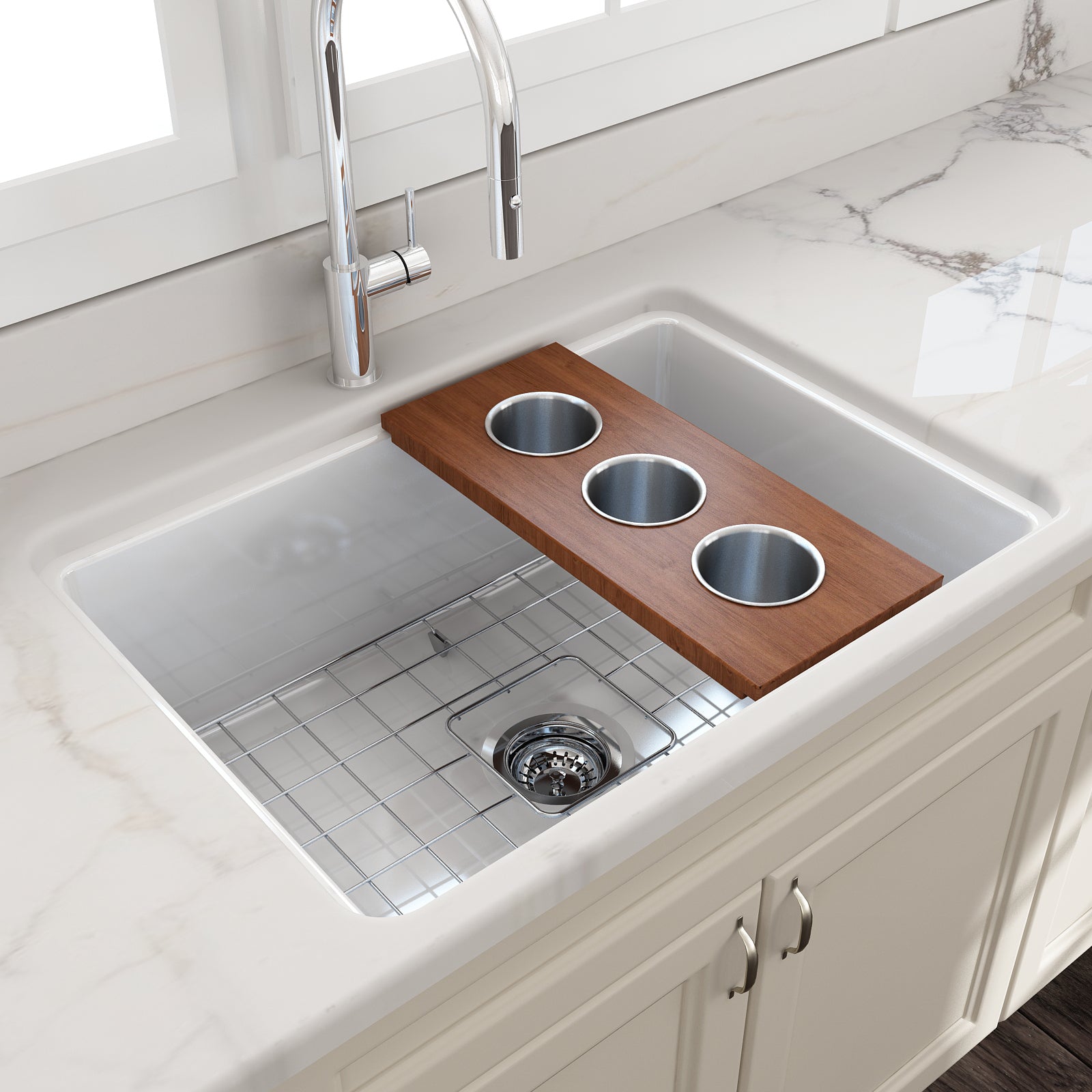 BOCCHI Wood Board with 3 Round Stainless Steel Bowls