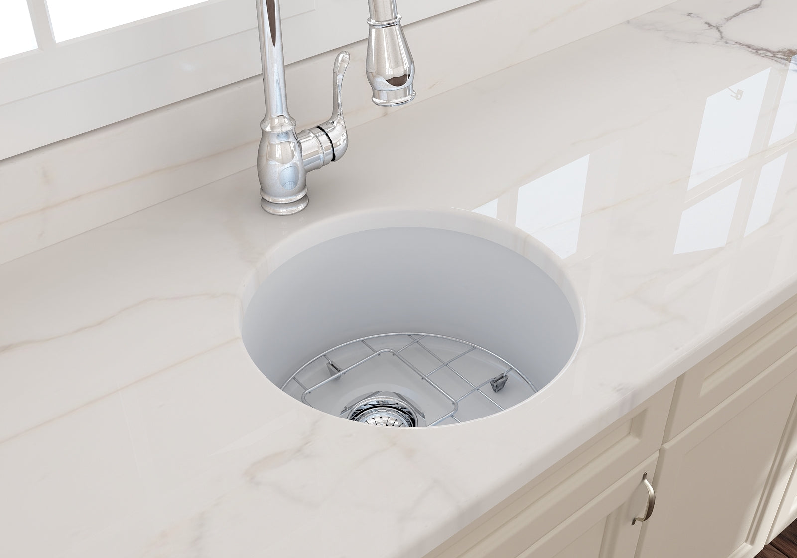 BOCCHI Sotto 18.5" Round Fireclay Undermount Single Bowl Bar Sink with Protective Bottom Grid and Strainer, Matte White, 1361-002-0120