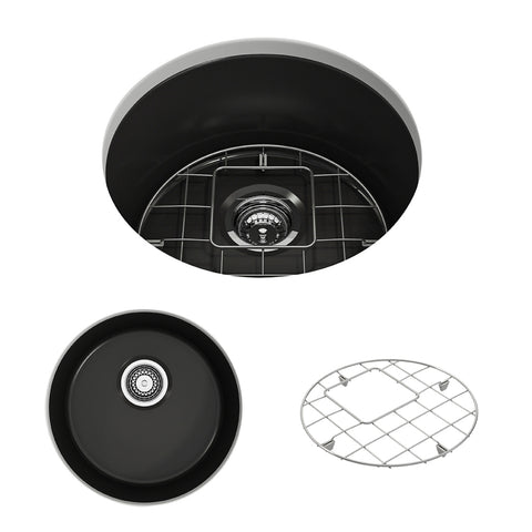 BOCCHI Sotto 18.5" Round Fireclay Undermount Single Bowl Bar Sink with Protective Bottom Grid and Strainer, Matte Black, 1361-004-0120