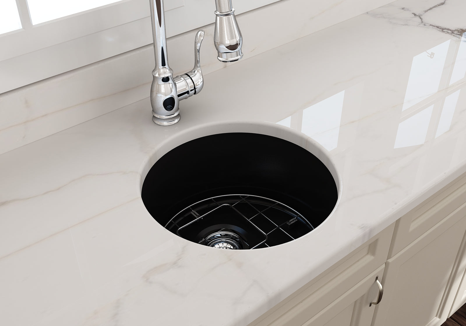 BOCCHI Sotto 18.5" Round Fireclay Undermount Single Bowl Bar Sink with Protective Bottom Grid and Strainer, Matte Black, 1361-004-0120