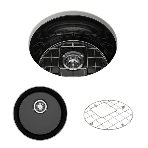 BOCCHI Sotto 18.5" Round Fireclay Undermount Single Bowl Bar Sink with Protective Bottom Grid and Strainer, Black, 1361-005-0120