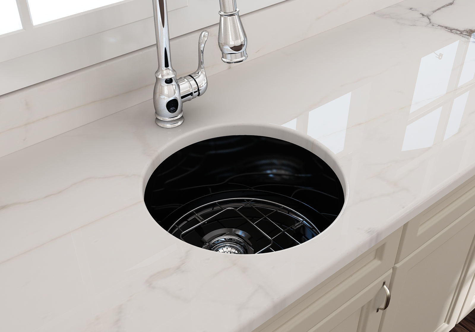 BOCCHI Sotto 18.5" Round Fireclay Undermount Single Bowl Bar Sink with Protective Bottom Grid and Strainer, Black, 1361-005-0120