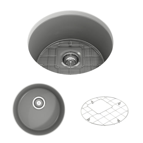 BOCCHI Sotto 18.5" Round Fireclay Undermount Single Bowl Bar Sink with Protective Bottom Grid and Strainer, Matte Gray, 1361-006-0120