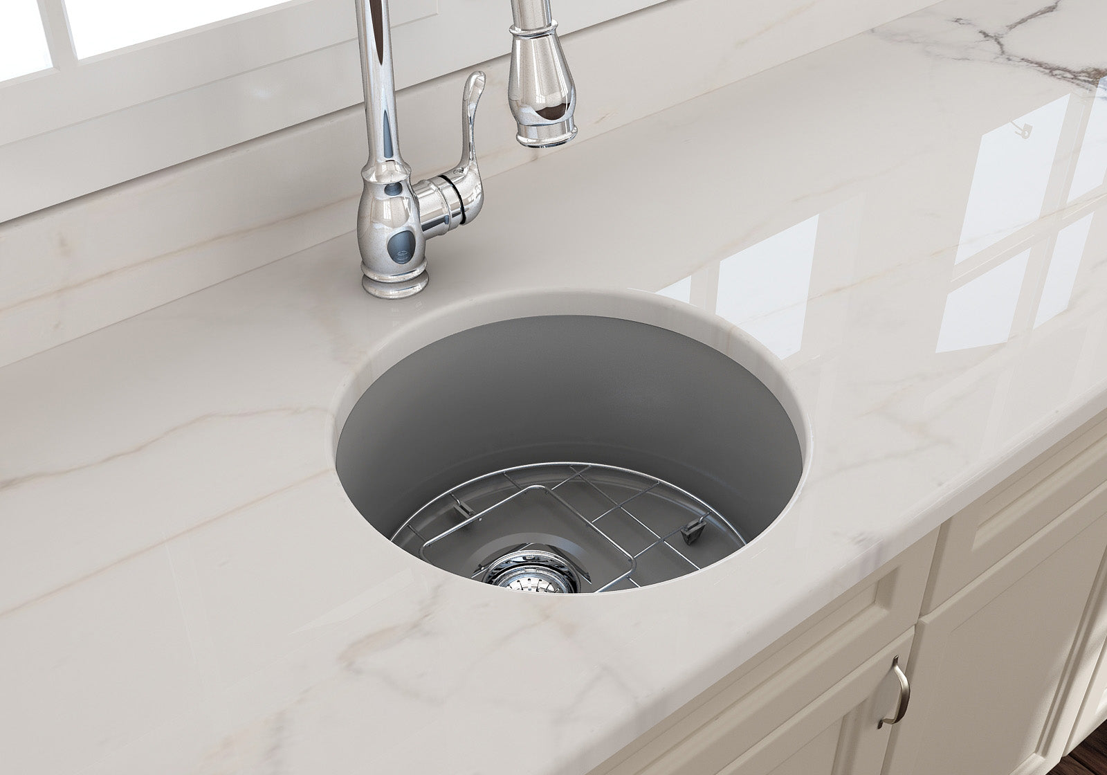 BOCCHI Sotto 18.5" Round Fireclay Undermount Single Bowl Bar Sink with Protective Bottom Grid and Strainer, Matte Gray, 1361-006-0120