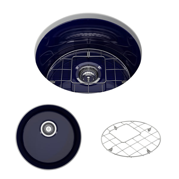 BOCCHI Sotto 18.5" Round Fireclay Undermount Single Bowl Bar Sink with Protective Bottom Grid and Strainer, Sapphire Blue, 1361-010-0120
