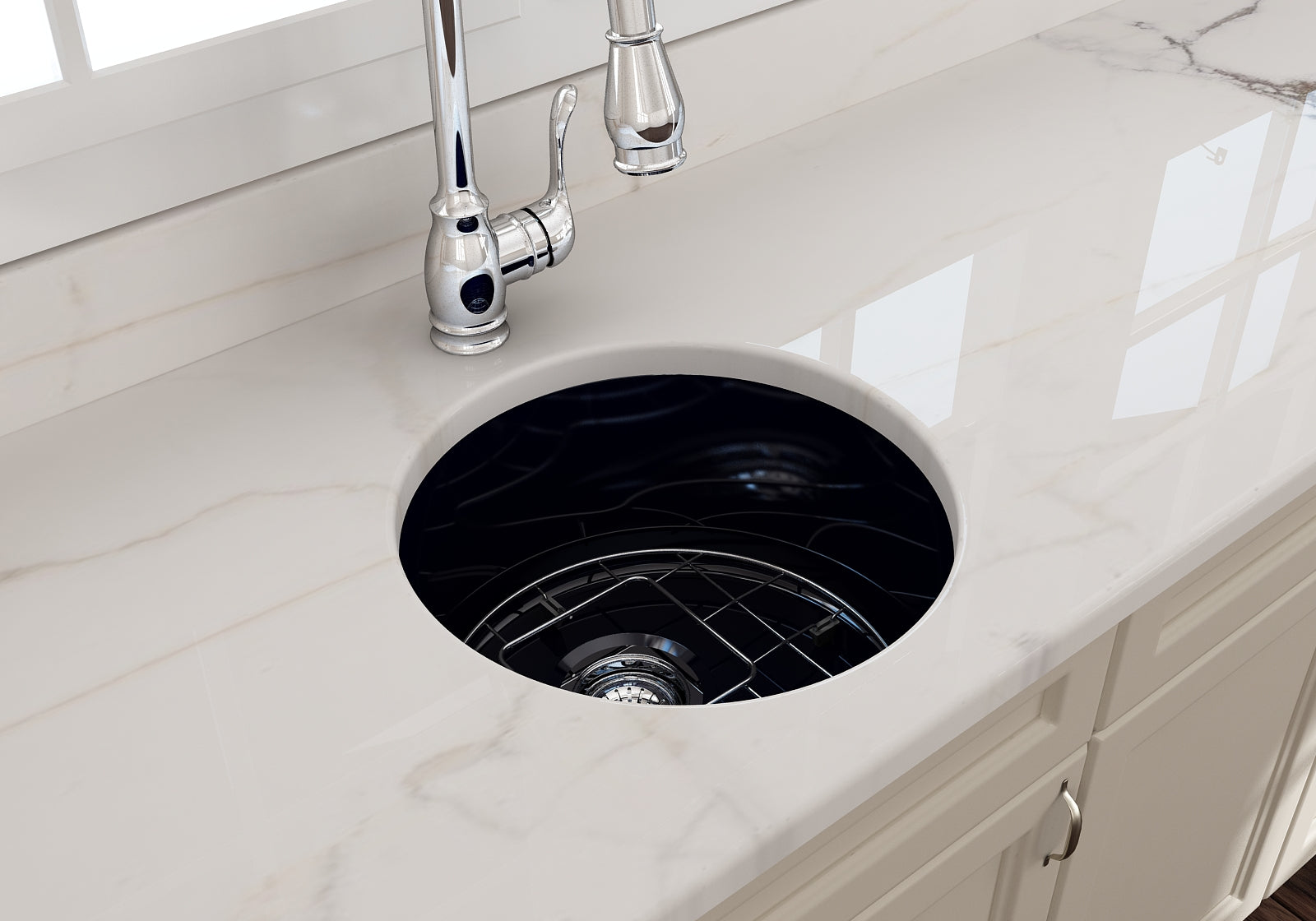 BOCCHI Sotto 18.5" Round Fireclay Undermount Single Bowl Bar Sink with Protective Bottom Grid and Strainer, Sapphire Blue, 1361-010-0120