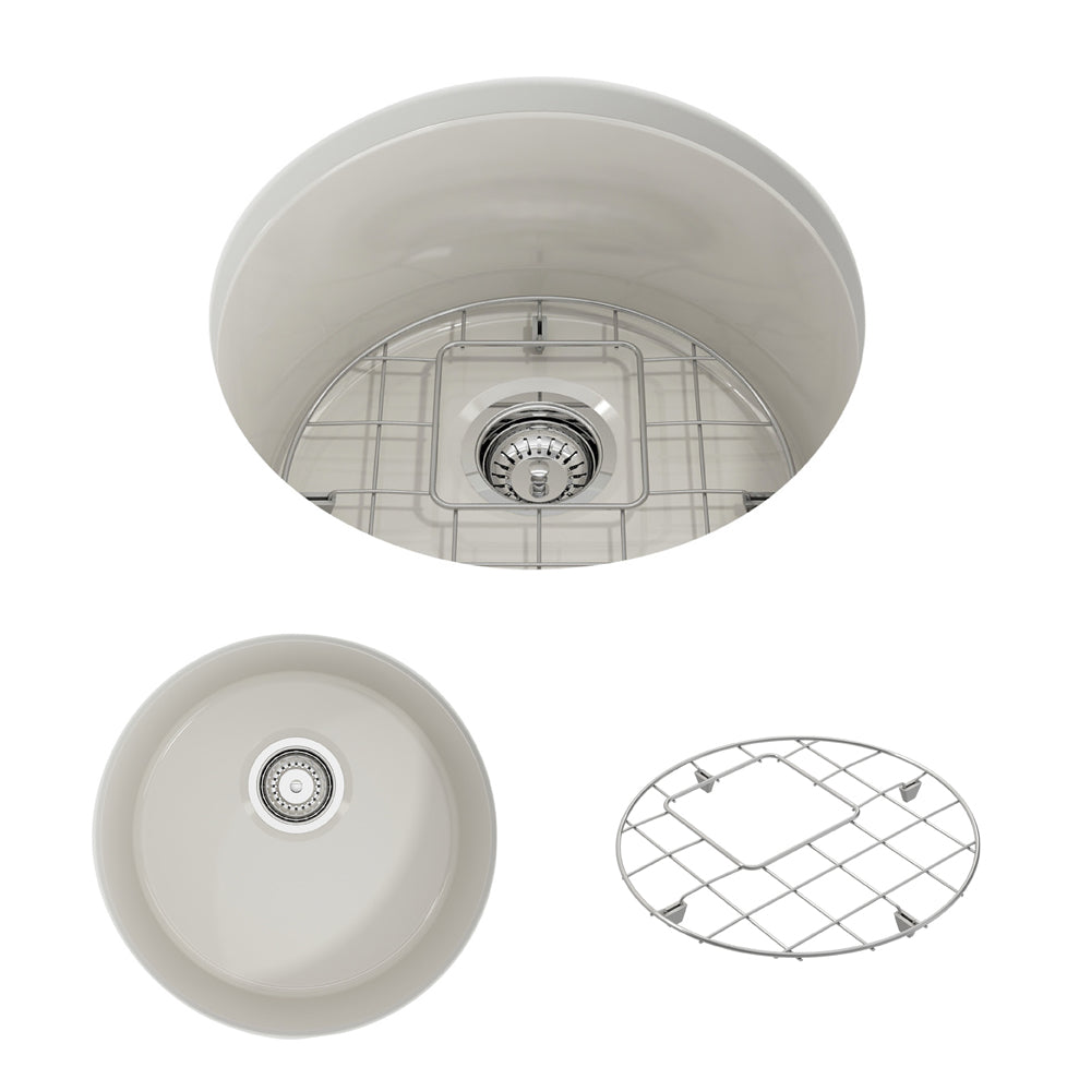 BOCCHI Sotto 18.5" Round Fireclay Undermount Single Bowl Bar Sink with Protective Bottom Grid and Strainer, Biscuit, 1361-014-0120