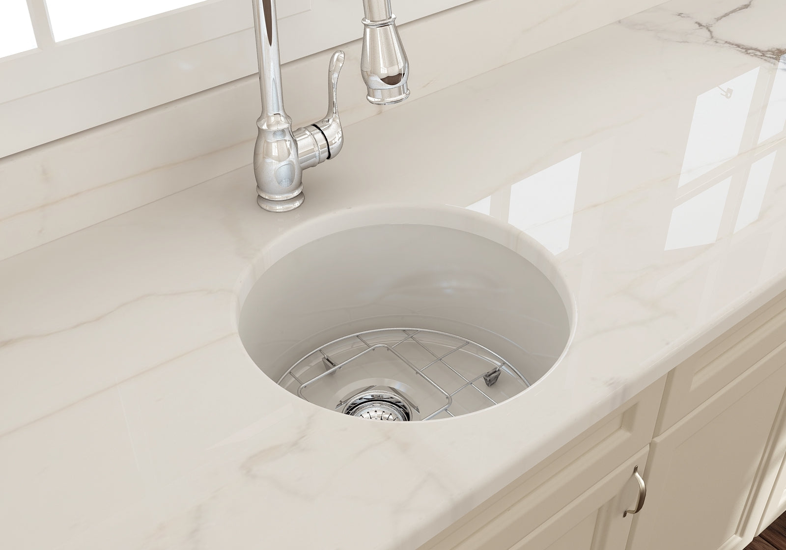 BOCCHI Sotto 18.5" Round Fireclay Undermount Single Bowl Bar Sink with Protective Bottom Grid and Strainer, Biscuit, 1361-014-0120
