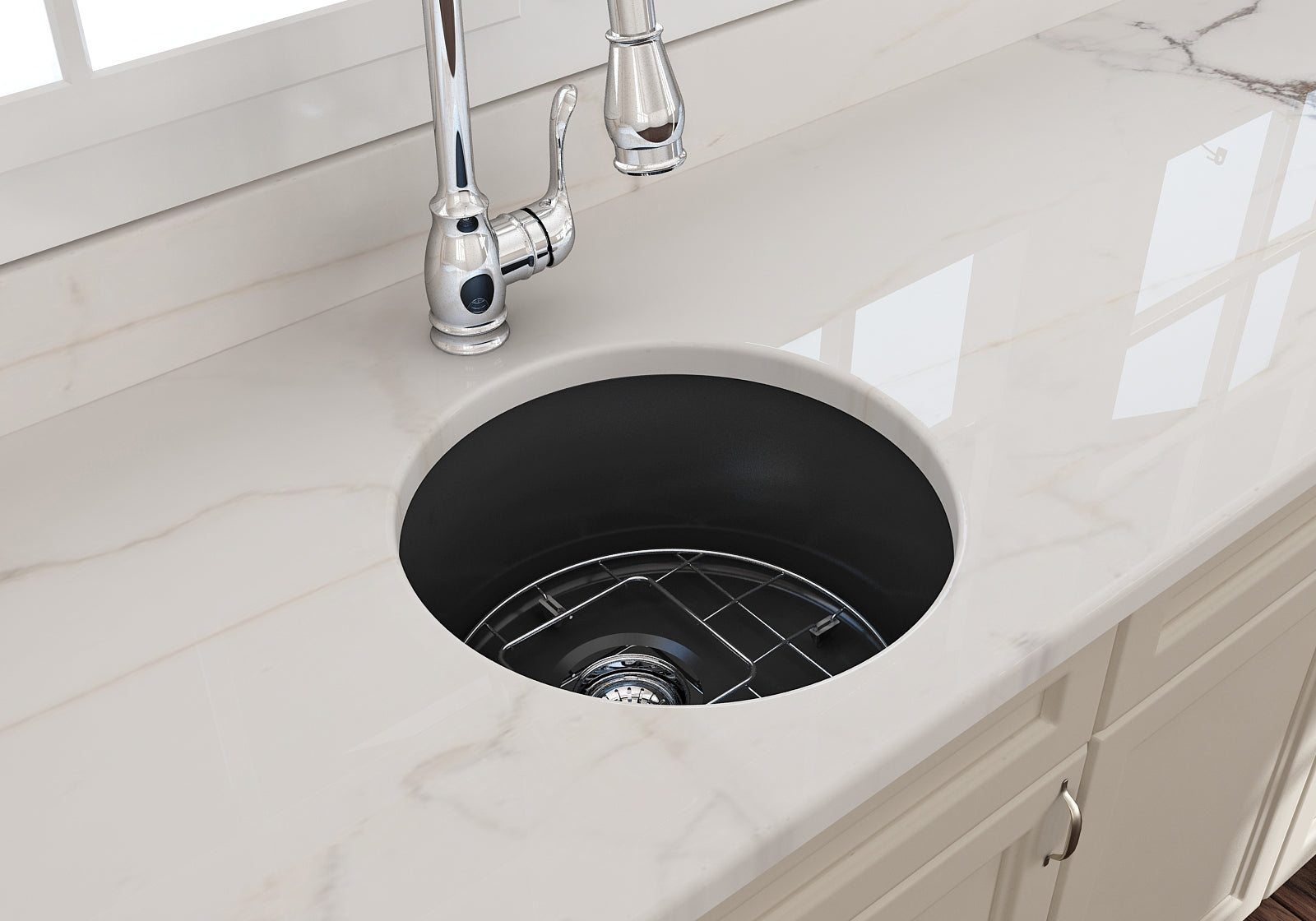 BOCCHI Sotto 18.5" Round Fireclay Undermount Single Bowl Bar Sink with Protective Bottom Grid and Strainer, Matte Dark Gray, 1361-020-0120