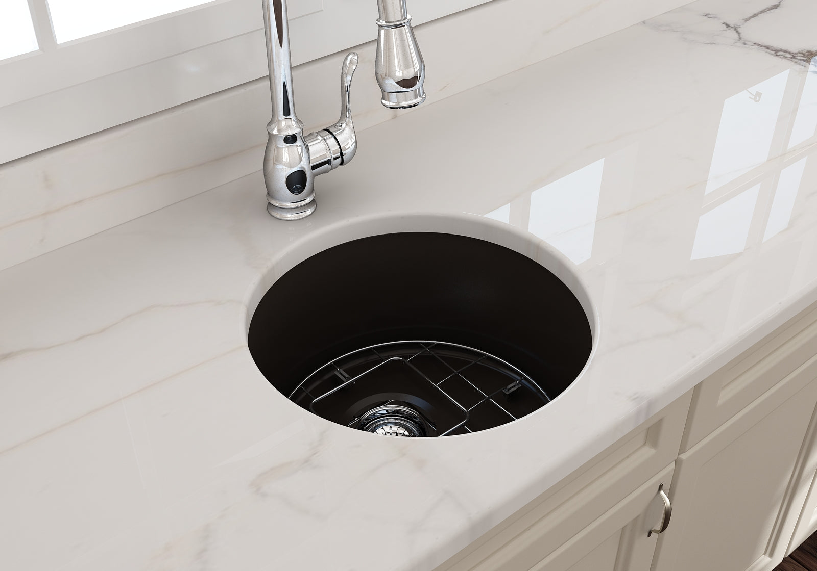BOCCHI Sotto 18.5" Round Fireclay Undermount Single Bowl Bar Sink with Protective Bottom Grid and Strainer, Matte Brown, 1361-025-0120