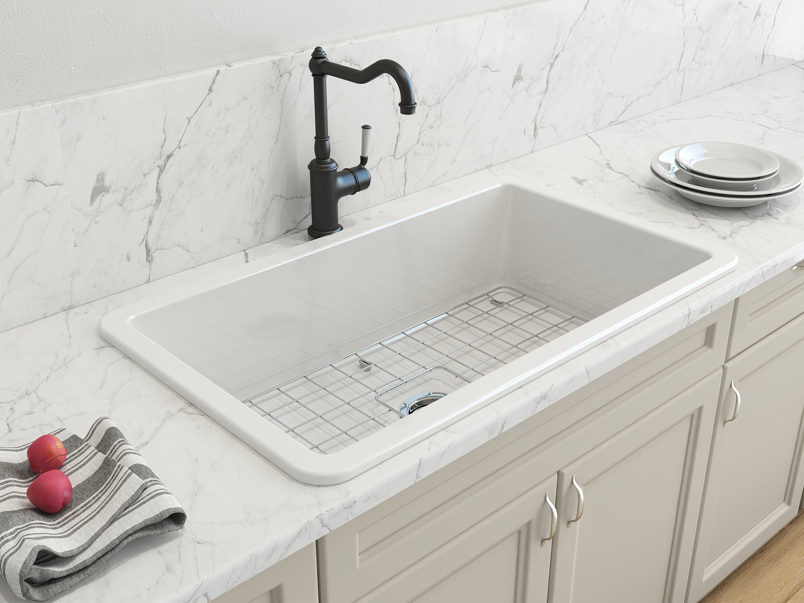 BOCCHI Sotto 32" White Dual Mount Fireclay Workstation Kitchen Sink Kit with Stainless Steel Faucet and Accessories, 1362-001-2024SS