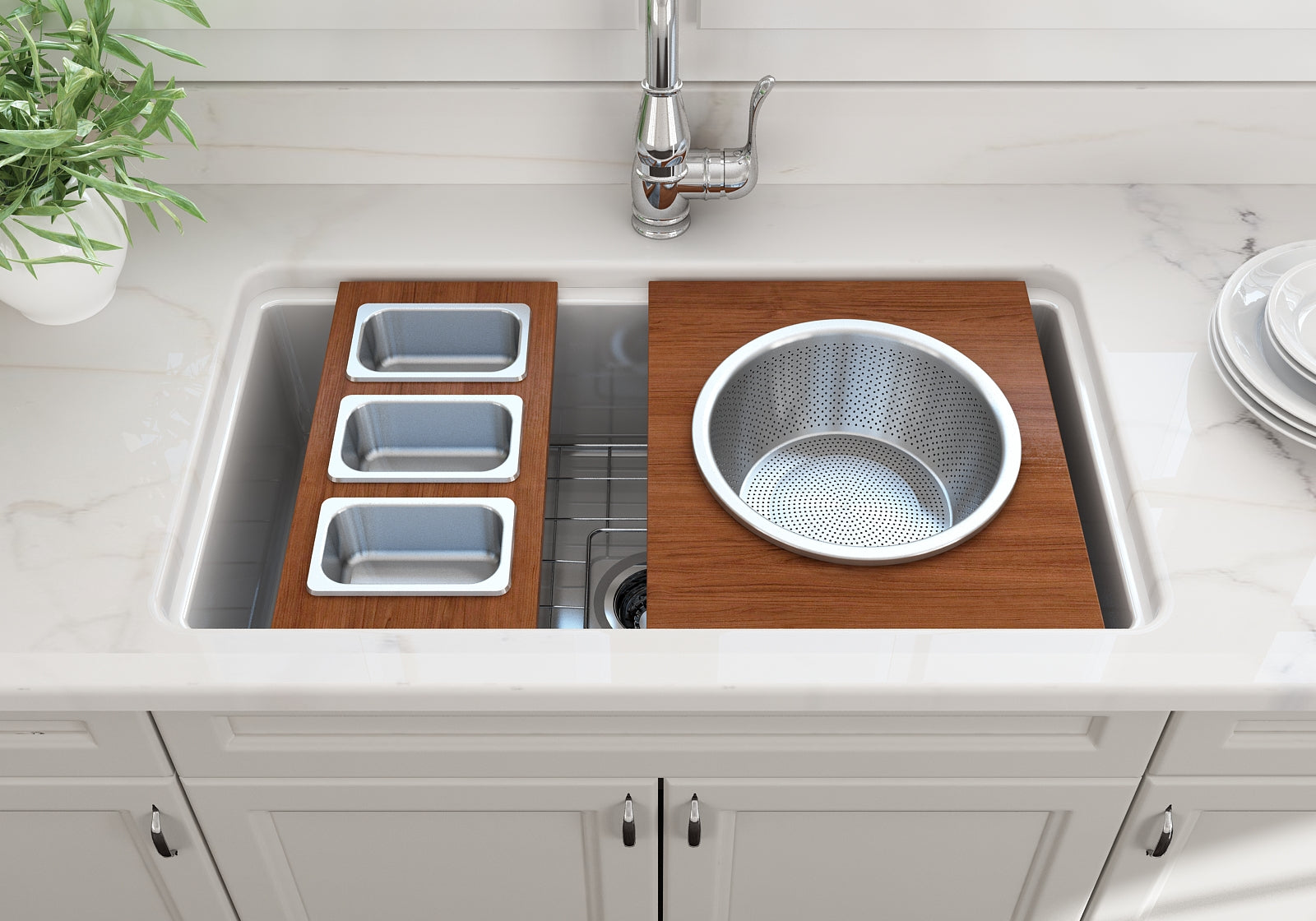BOCCHI Wood Board with Large Round Stainless Steel Mixing Bowl and Colander
