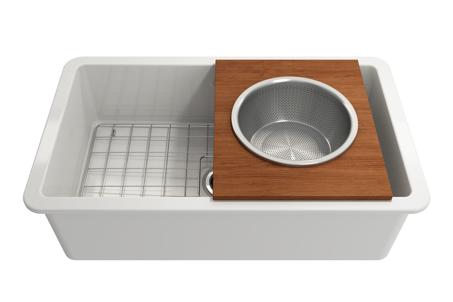 BOCCHI Wood Board with Large Round Stainless Steel Mixing Bowl and Colander