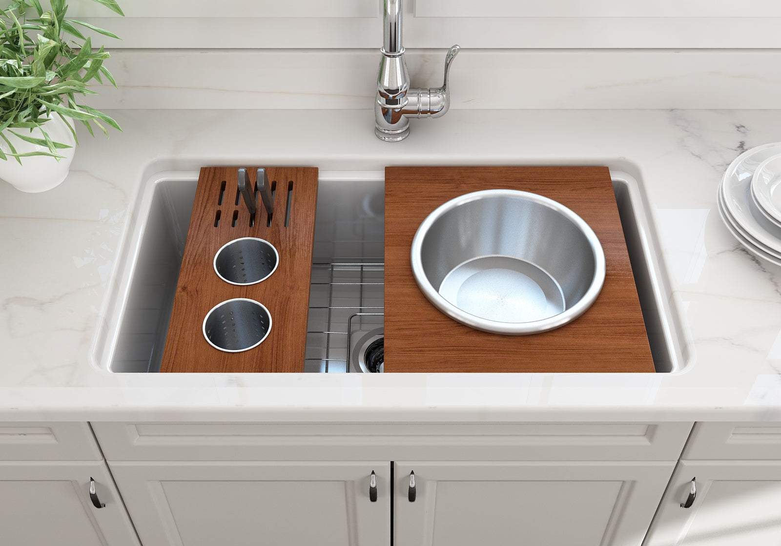BOCCHI Wood Board with Large Round Stainless Steel Mixing Bowl and Colander