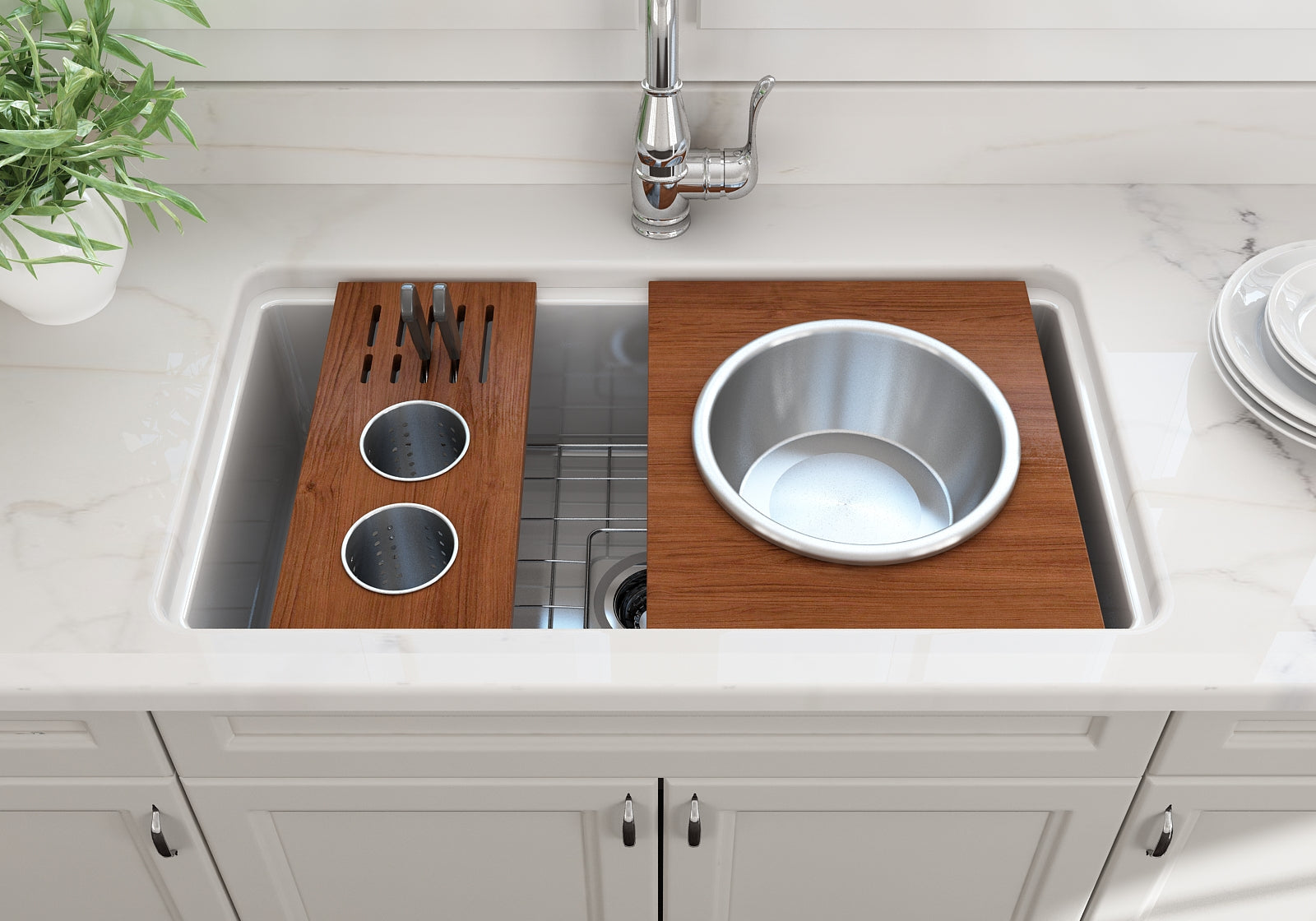 BOCCHI Wood Board with 2 Round Stainless Steel Bowls & Knife Holder