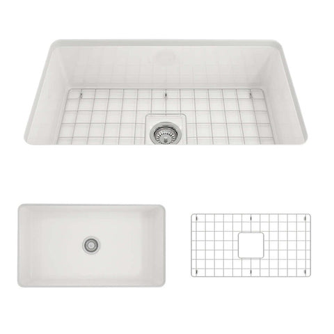 BOCCHI Sotto 32" Fireclay Undermount Single Bowl Kitchen Sink, White, 1362-001-0120