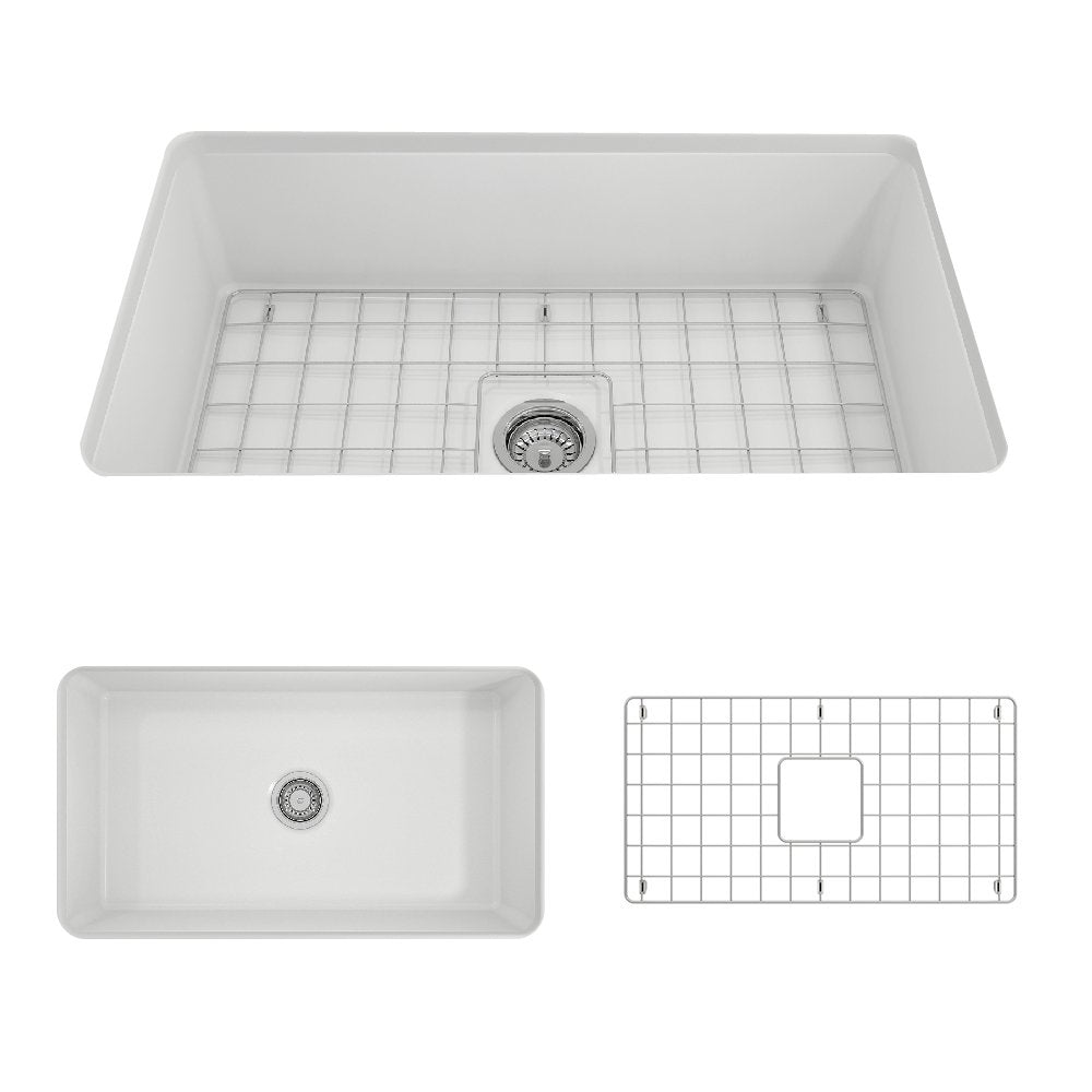 BOCCHI Sotto 32" Fireclay Undermount Single Bowl Kitchen Sink, Matte White, 1362-002-0120