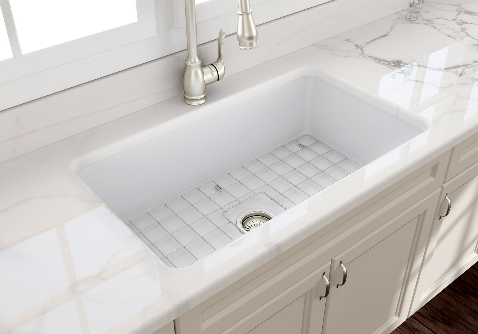 BOCCHI Sotto 32" Fireclay Undermount Single Bowl Kitchen Sink, Matte White, 1362-002-0120