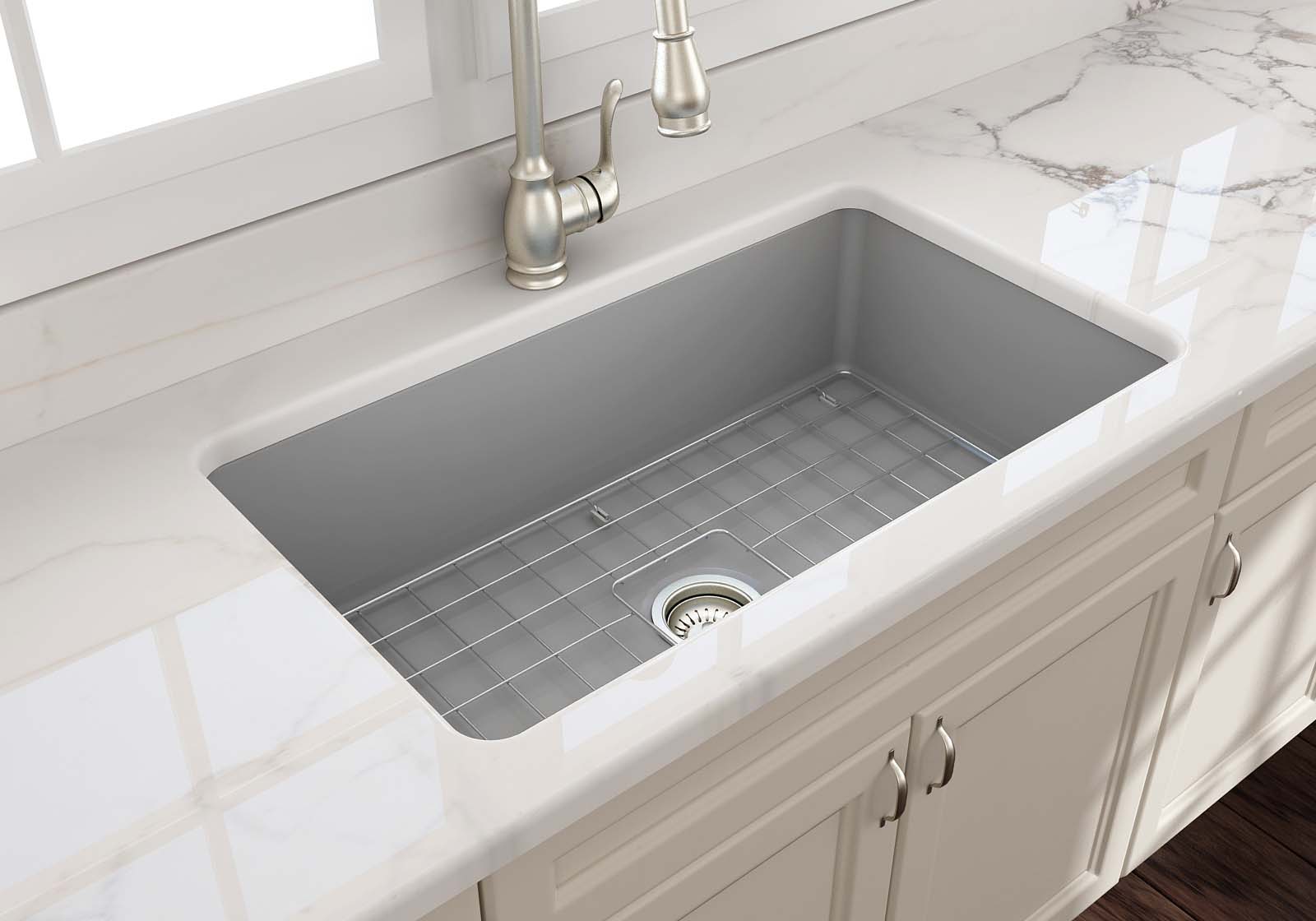 BOCCHI Sotto 32" Fireclay Undermount Single Bowl Kitchen Sink, Matte Gray, 1362-006-0120