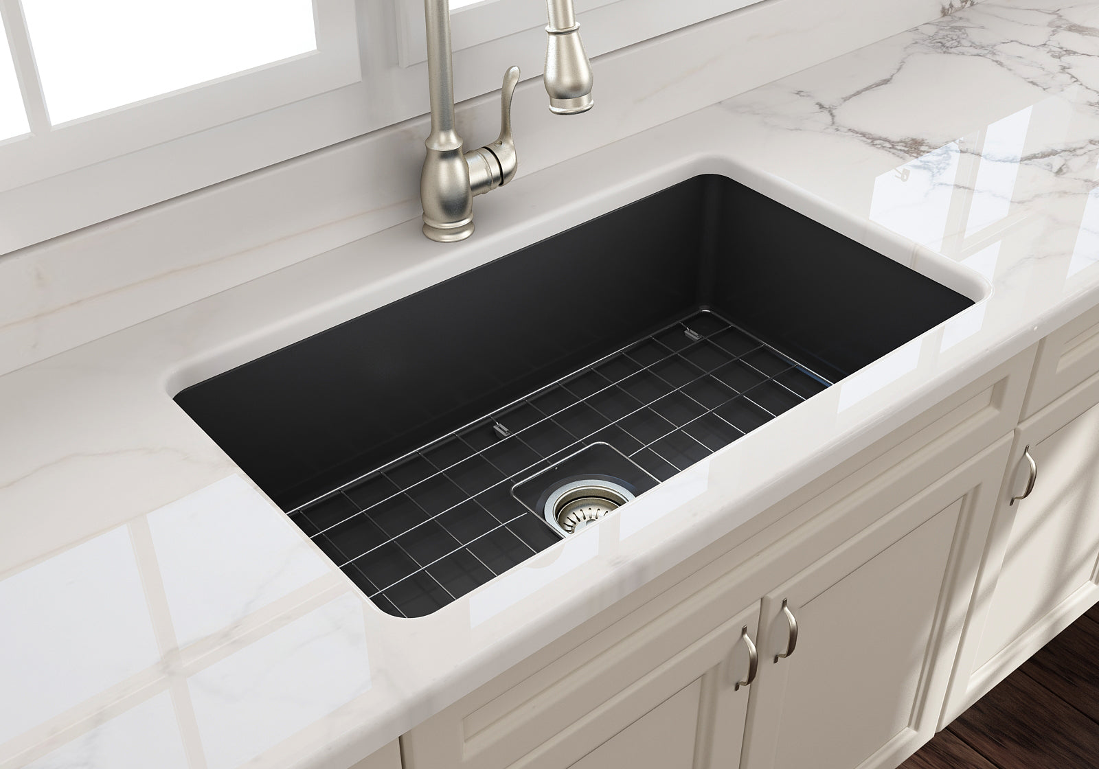 BOCCHI Sotto 32" Fireclay Undermount Single Bowl Kitchen Sink, Matte Dark Gray, 1362-020-0120