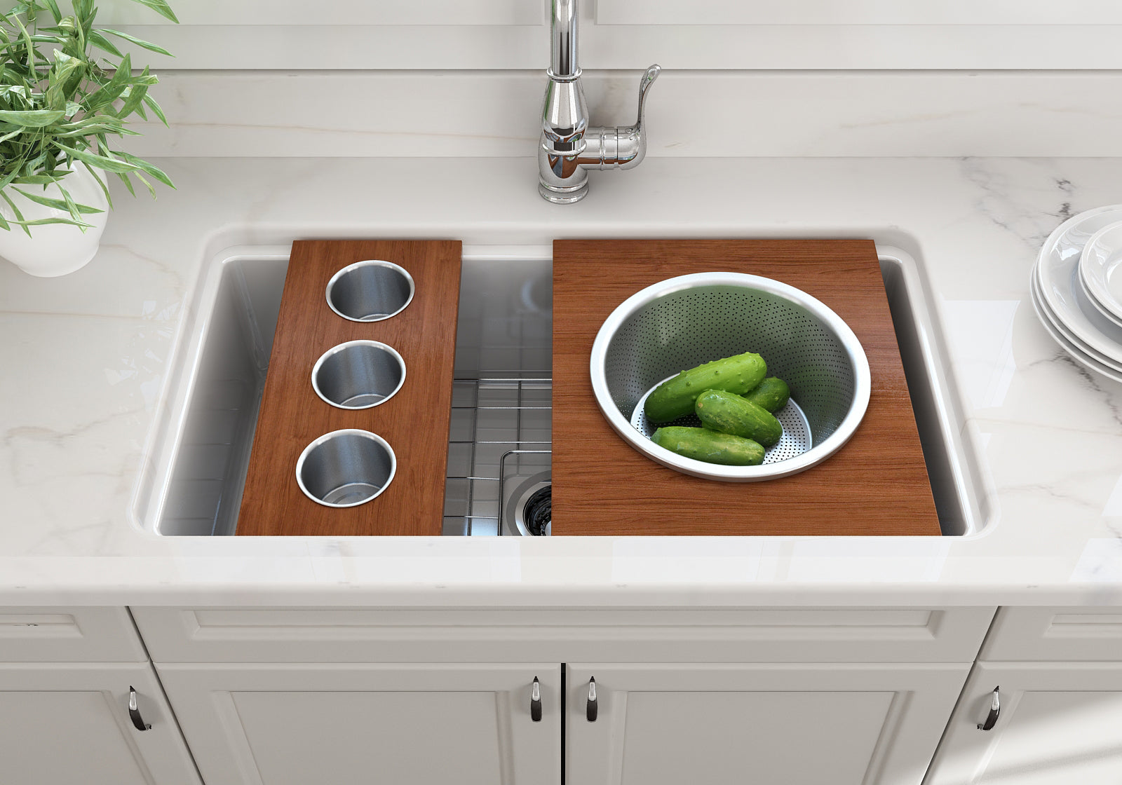 BOCCHI Wood Board with 3 Round Stainless Steel Bowls