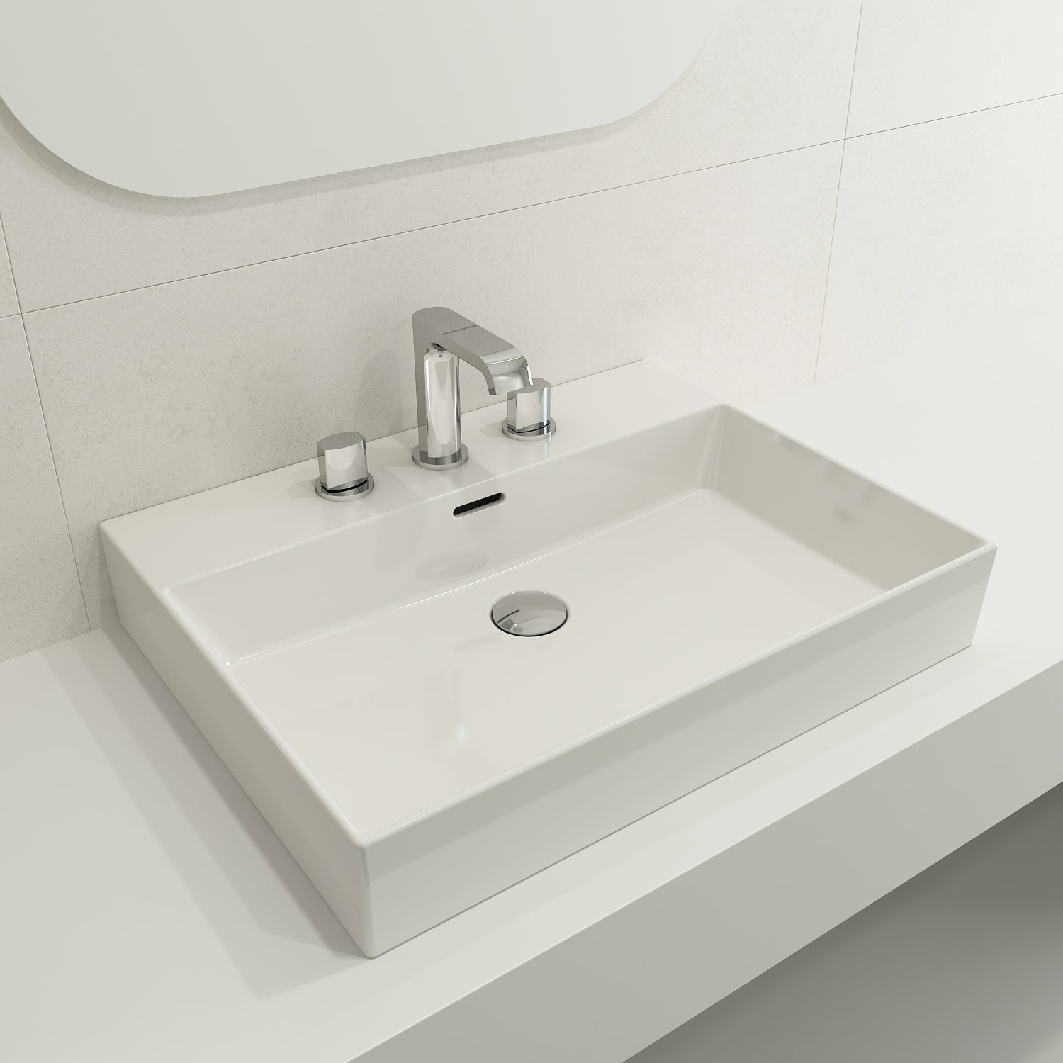 BOCCHI Milano 24" Rectangle Wallmount Fireclay Bathroom Sink, White, 3 Faucet Hole, 1376-001-0127