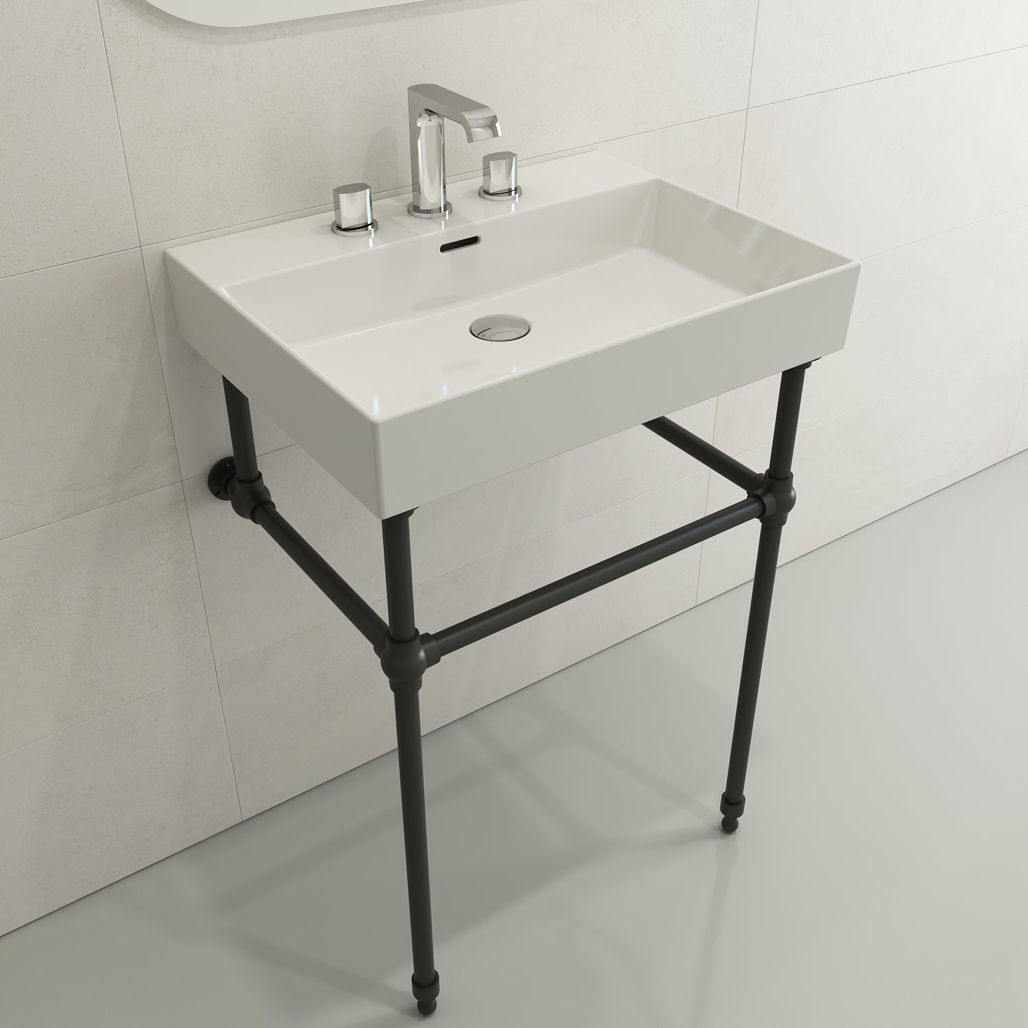 BOCCHI Milano 24" Rectangle Wallmount Fireclay Bathroom Sink, White, 3 Faucet Hole, 1376-001-0127