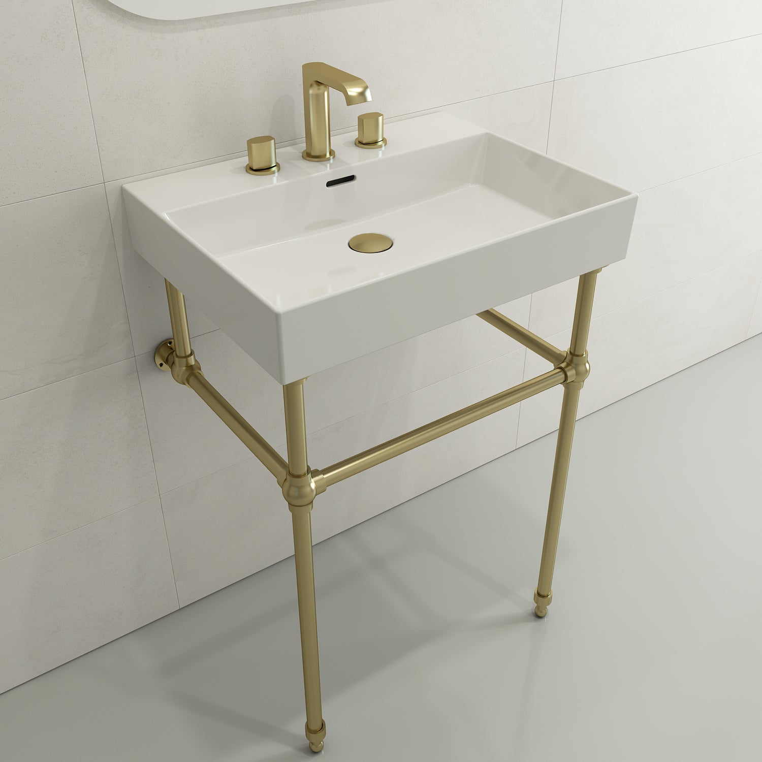 BOCCHI Milano 24" Rectangle Wallmount Fireclay Bathroom Sink, White, 3 Faucet Hole, 1376-001-0127