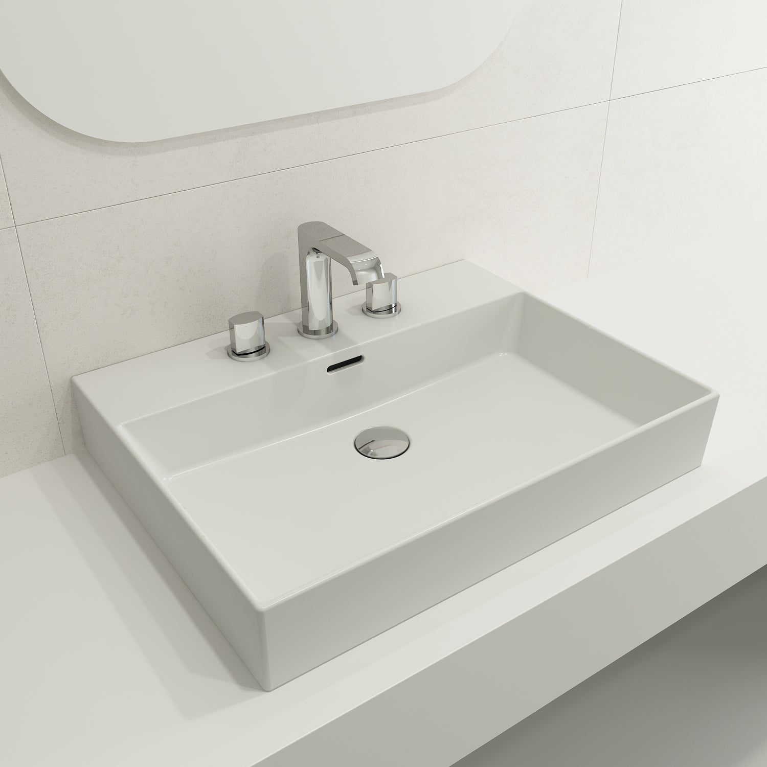 BOCCHI Milano 24" Rectangle Wallmount Fireclay Bathroom Sink, Matte White, 3 Faucet Hole, 1376-002-0127