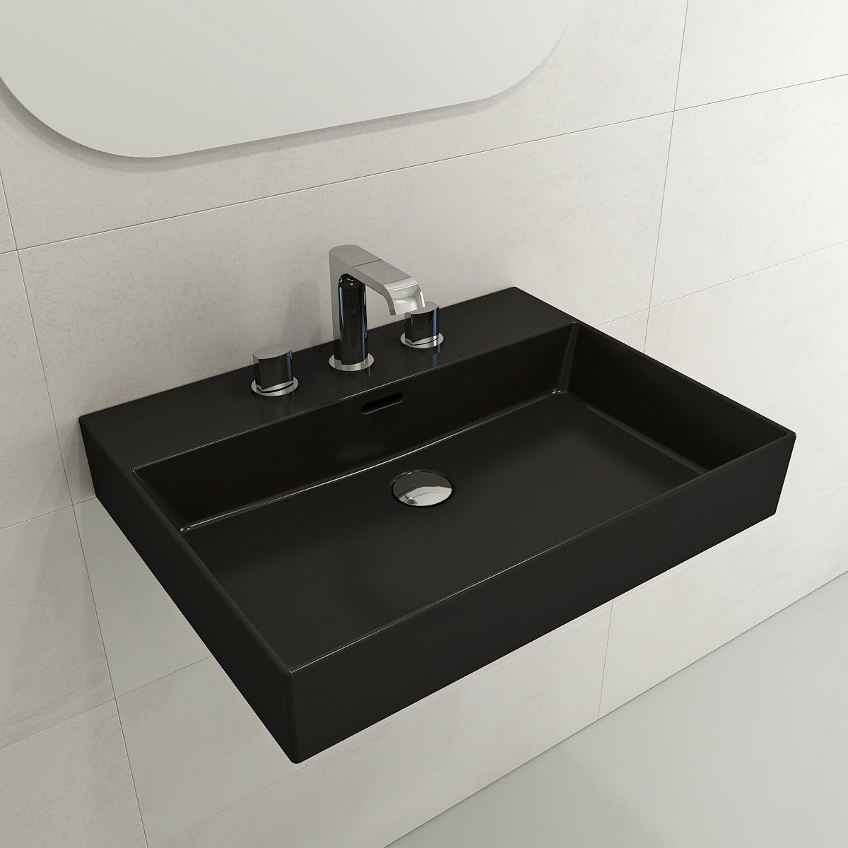 BOCCHI Milano 24" Rectangle Wallmount Fireclay Bathroom Sink, Matte Black, 3 Faucet Hole, 1376-004-0127