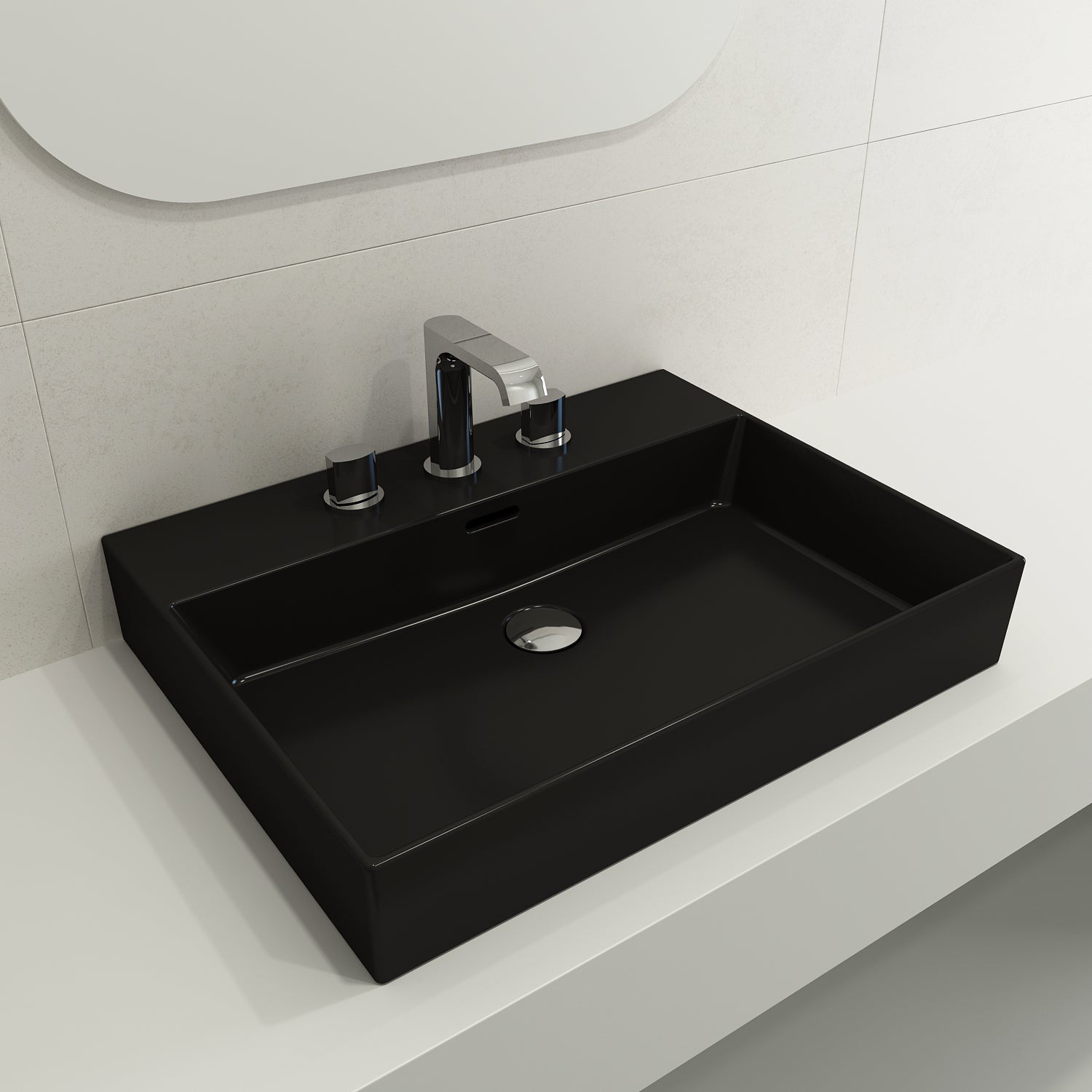 BOCCHI Milano 24" Rectangle Wallmount Fireclay Bathroom Sink, Matte Black, 3 Faucet Hole, 1376-004-0127